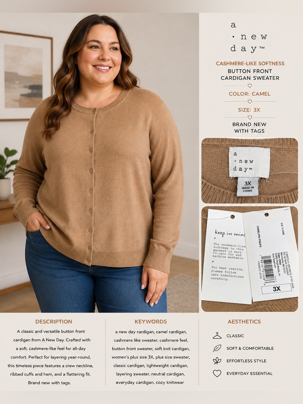A New Day Camel Cashmere-Like Button Front Cardigan Sweater 3X NWT - Picture 7 of 7
